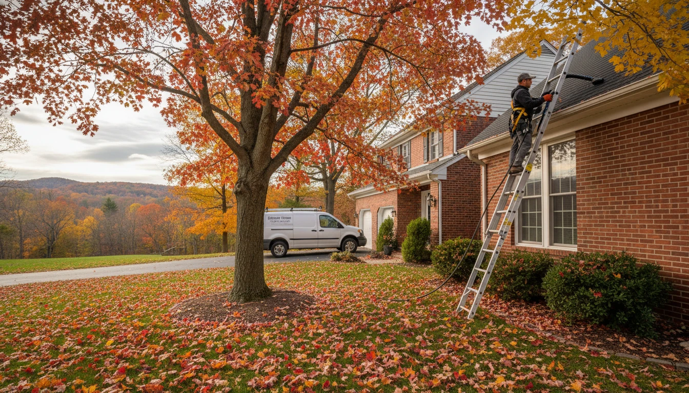 A professional gutter cleaner working on a two-story residential home in Bergen County, New Jersey, surrounded by autumn leaves.