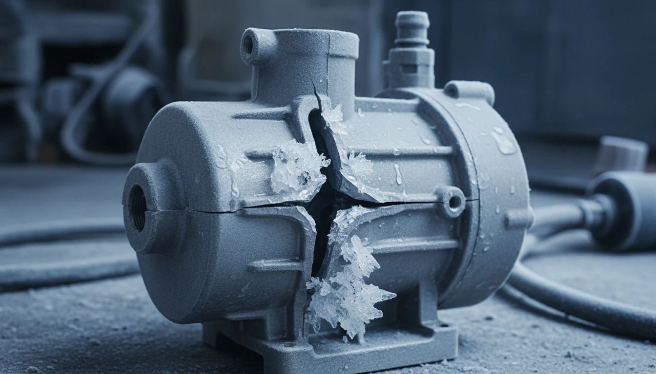 A cracked pressure washer pump housing showing the damage caused by ice expansion