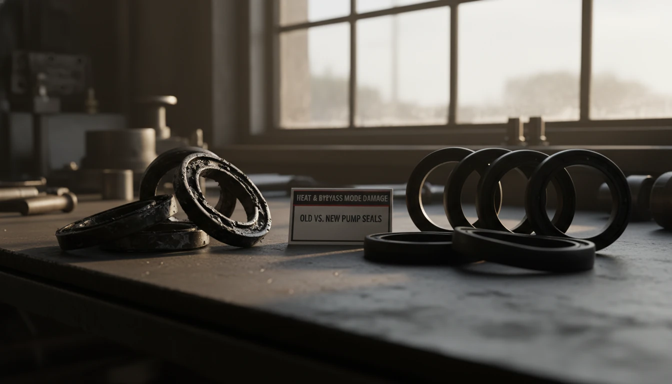 A set of worn-out, melted pressure washer pump seals next to brand new ones, illustrating the damage caused by heat and bypass mode.