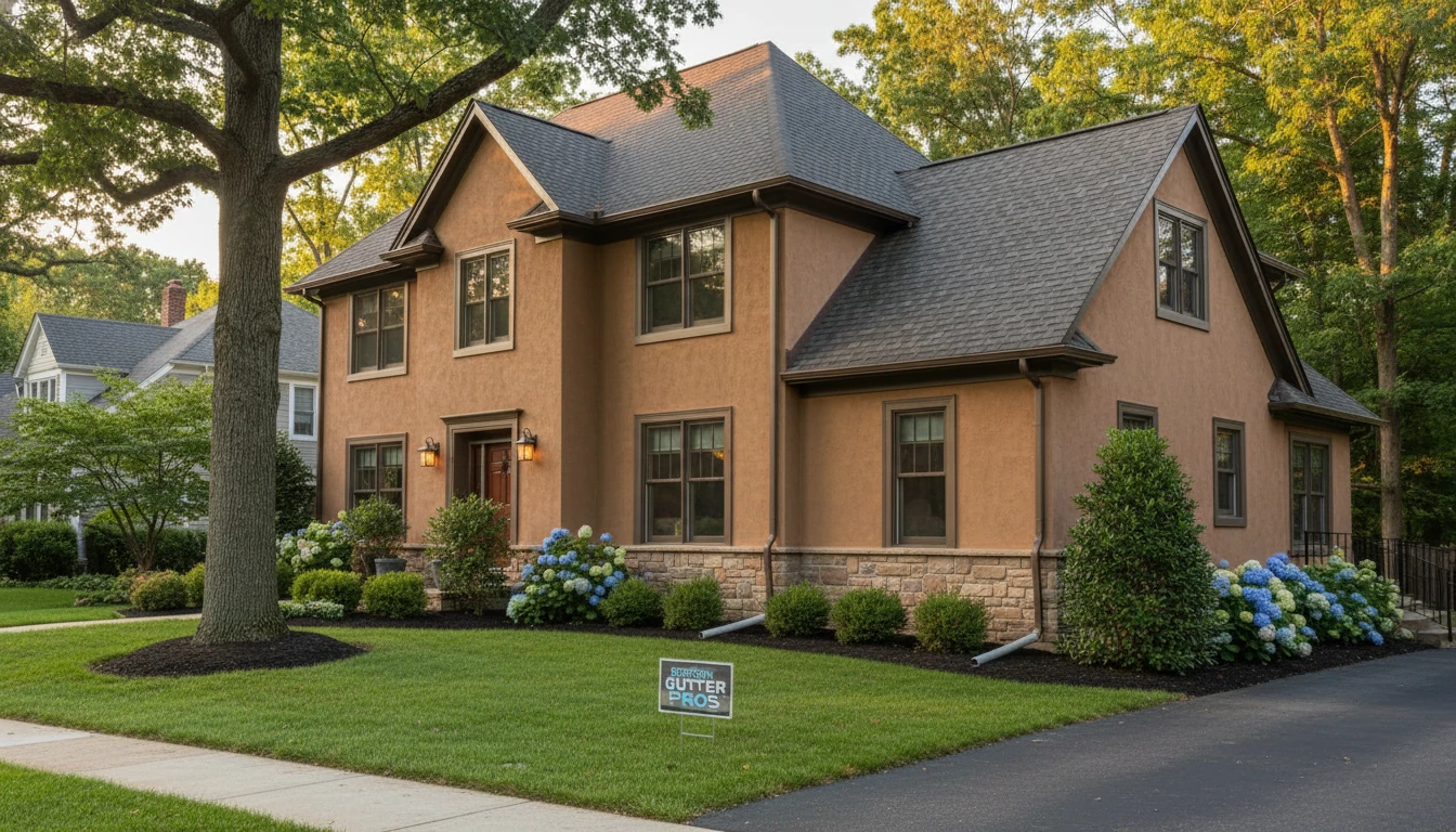 A beautiful, well-maintained home in a Bergen County neighborhood with clean gutters and clear downspouts after a professional service.