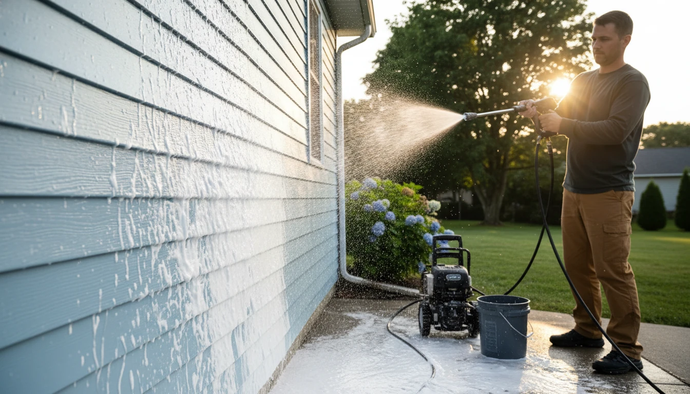 A homeowner applying thick white foam detergent to light blue vinyl siding using a pressure washer