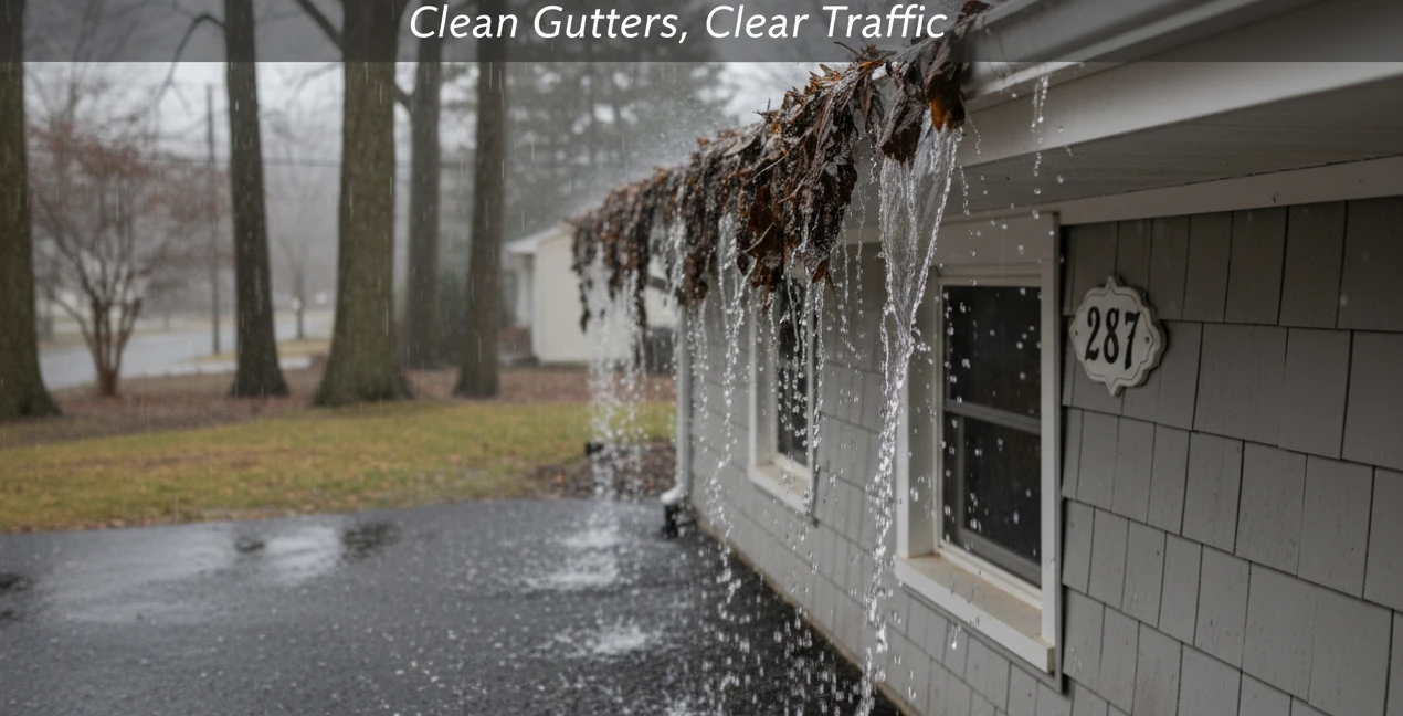 Close up of a gutter overflowing with wet leaves and debris on a suburban New Jersey house during a rainstorm.
