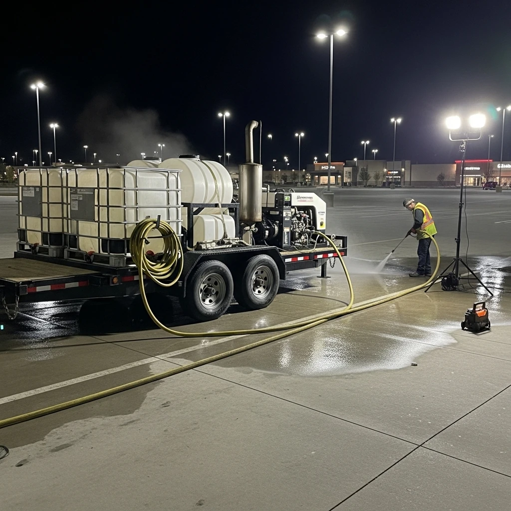A commercial pressure washing setup at night in a shopping center parking lot, featuring a large trailer with water tanks and a hot-water pressure unit.