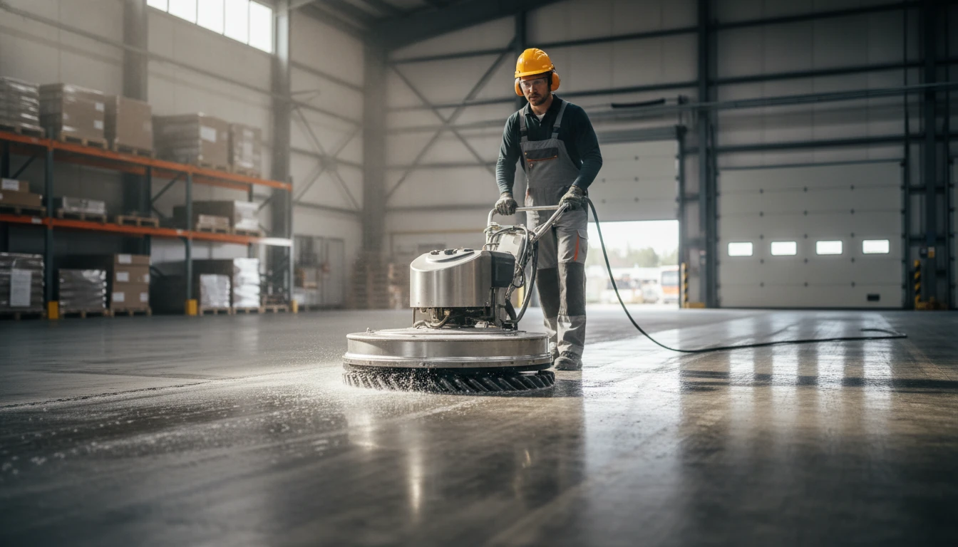 A technician using a circular stainless steel surface cleaner on a large concrete warehouse floor, leaving a bright clean path behind it.