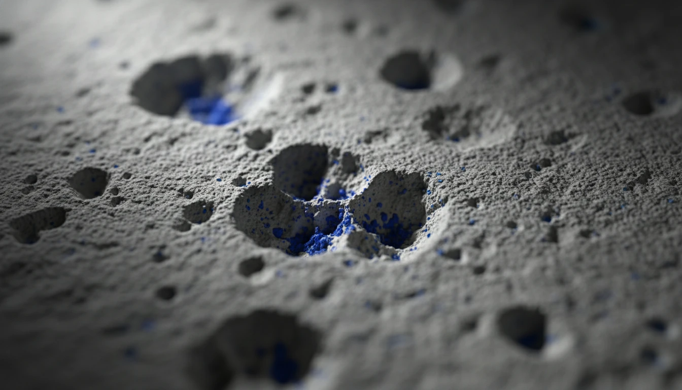 Macro photography of concrete pores showing blue paint pigment trapped deep within the gray stone structure.