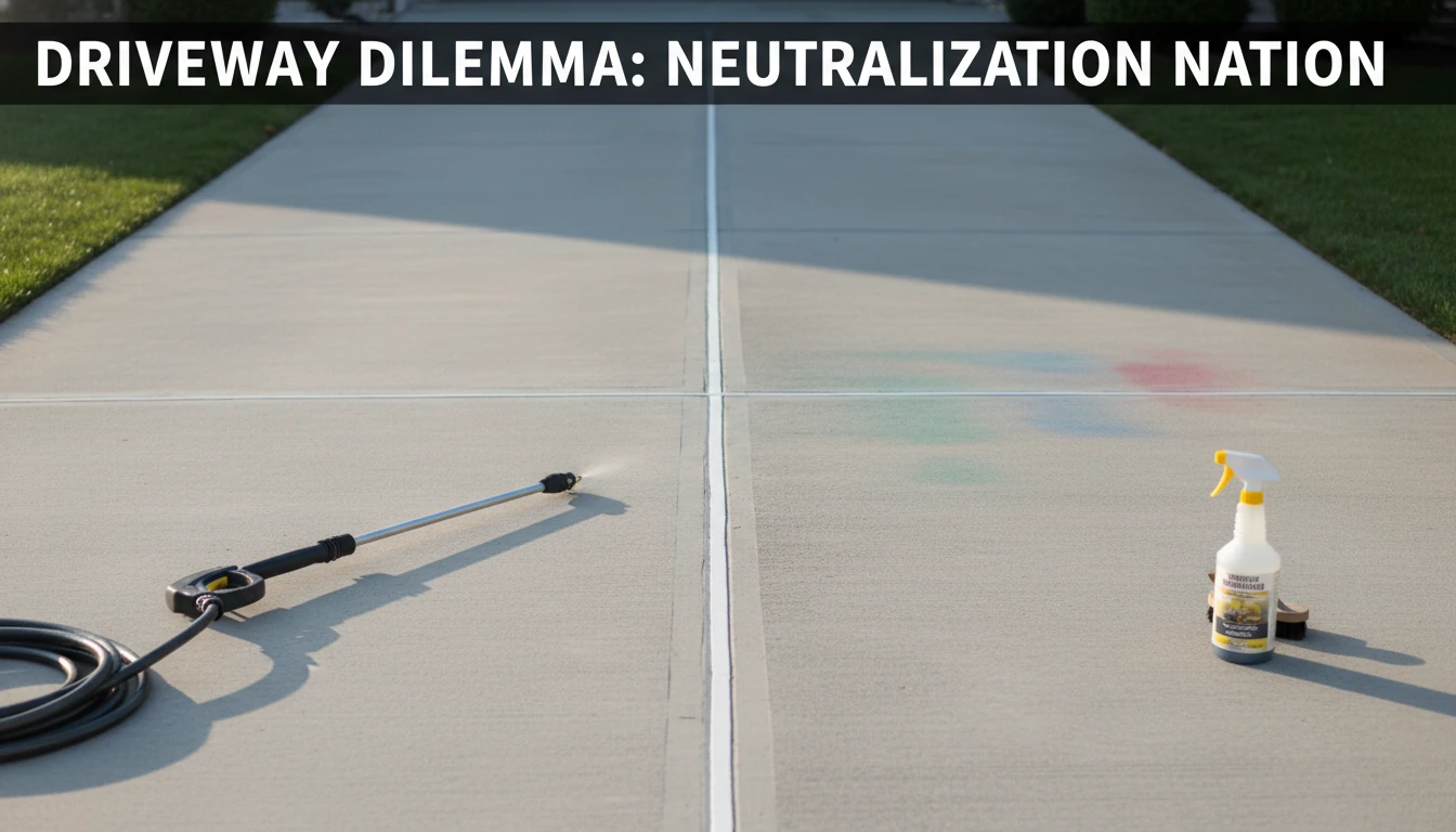 Side-by-side comparison of a clean concrete driveway versus one with faint paint shadows, showing the result of proper neutralization.