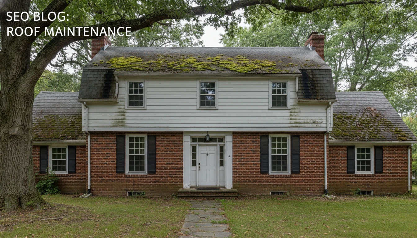 A classic Connecticut colonial home showing significant moss growth and black algae streaks on asphalt shingles