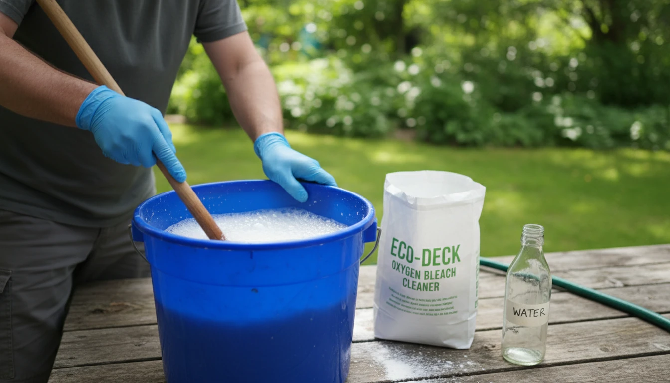 A person mixing a homemade eco-friendly deck cleaning solution in a large plastic bucket using oxygen bleach and water