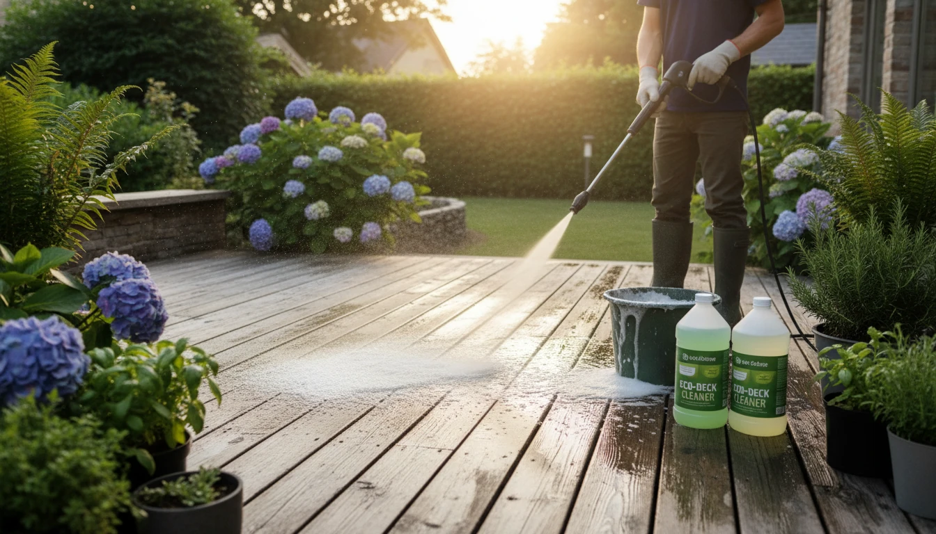 A wooden deck being cleaned with a pressure washer and environmentally friendly soap near garden plants