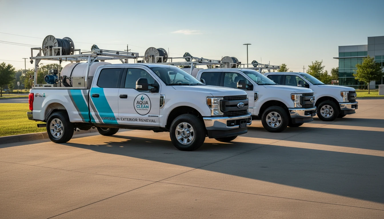 A row of three matching, professionally branded white trucks with custom pressure washing skids and logos parked in a tidy line.