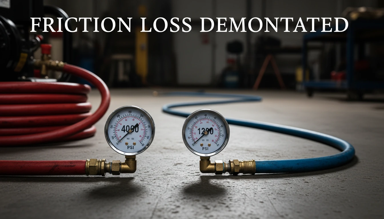 Two pressure washer gauges side by side, one at the machine showing 4000 PSI and one at the end of a long hose showing significantly less pressure, demonstrating friction loss.