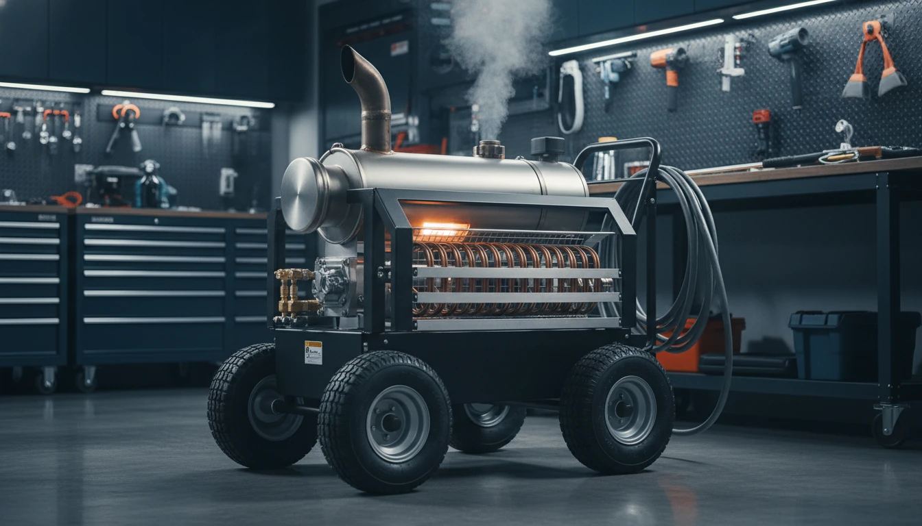 A heavy-duty hot water pressure washer with a diesel burner firing, showing a slight heat haze above the exhaust stack in a professional garage.