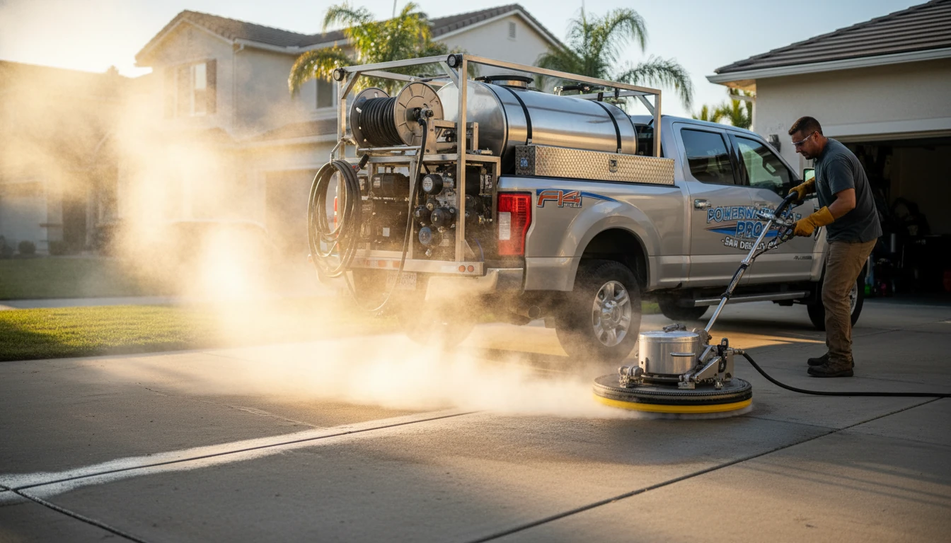 A high-performance hot water pressure washing rig mounted on a professional truck, steam rising from the cleaning head on a driveway.