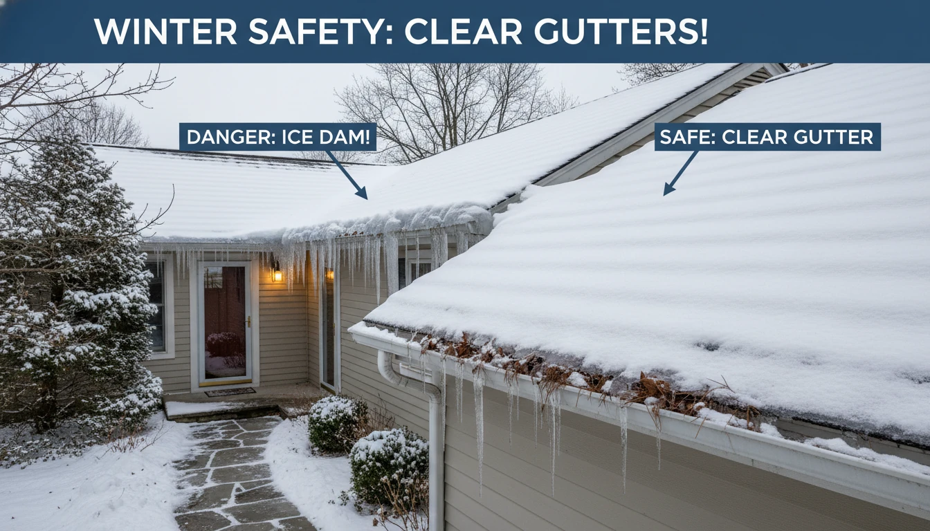 A house in Northern New Jersey showing ice buildup on the roof edge and the importance of clear gutters for winter safety.