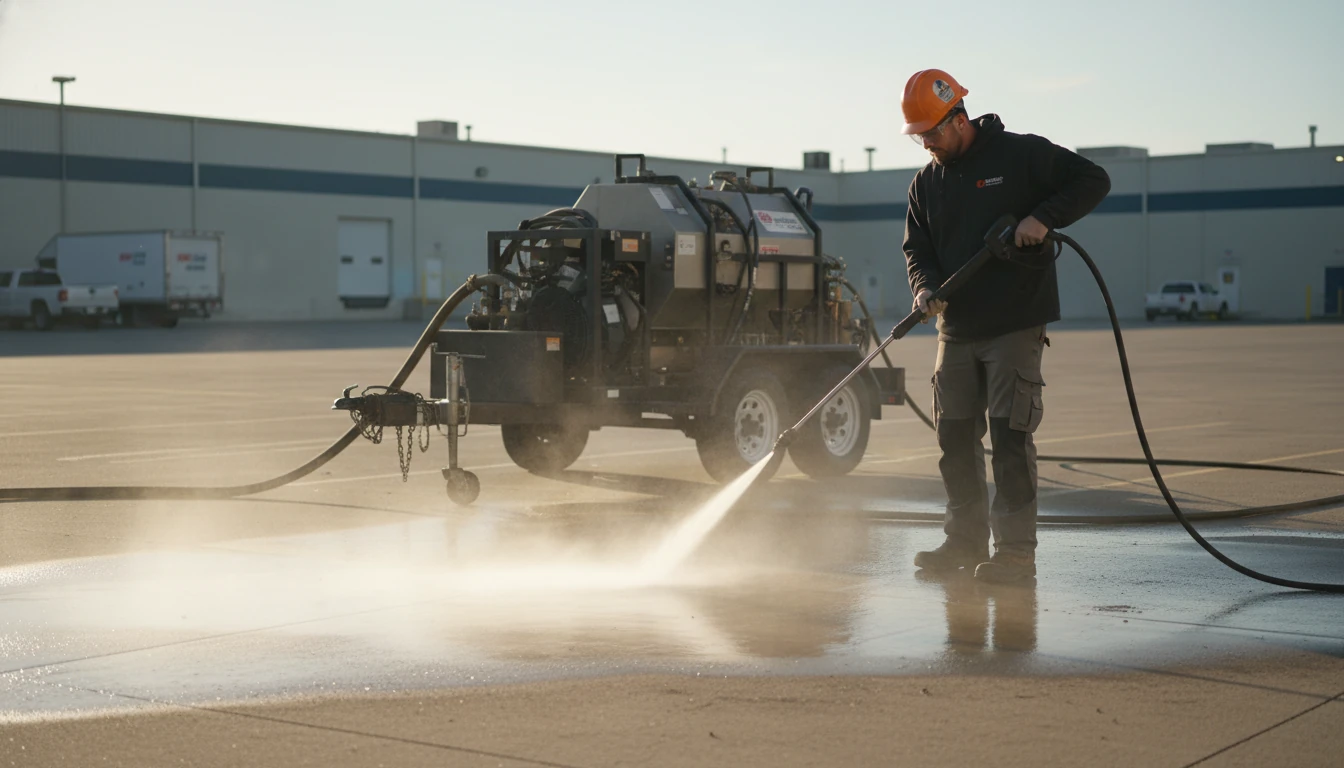 A professional contractor in heavy-duty gear operating a large trailer-mounted commercial pressure washer in an industrial parking lot, steam rising from the surface, morning sun hitting the water spray.