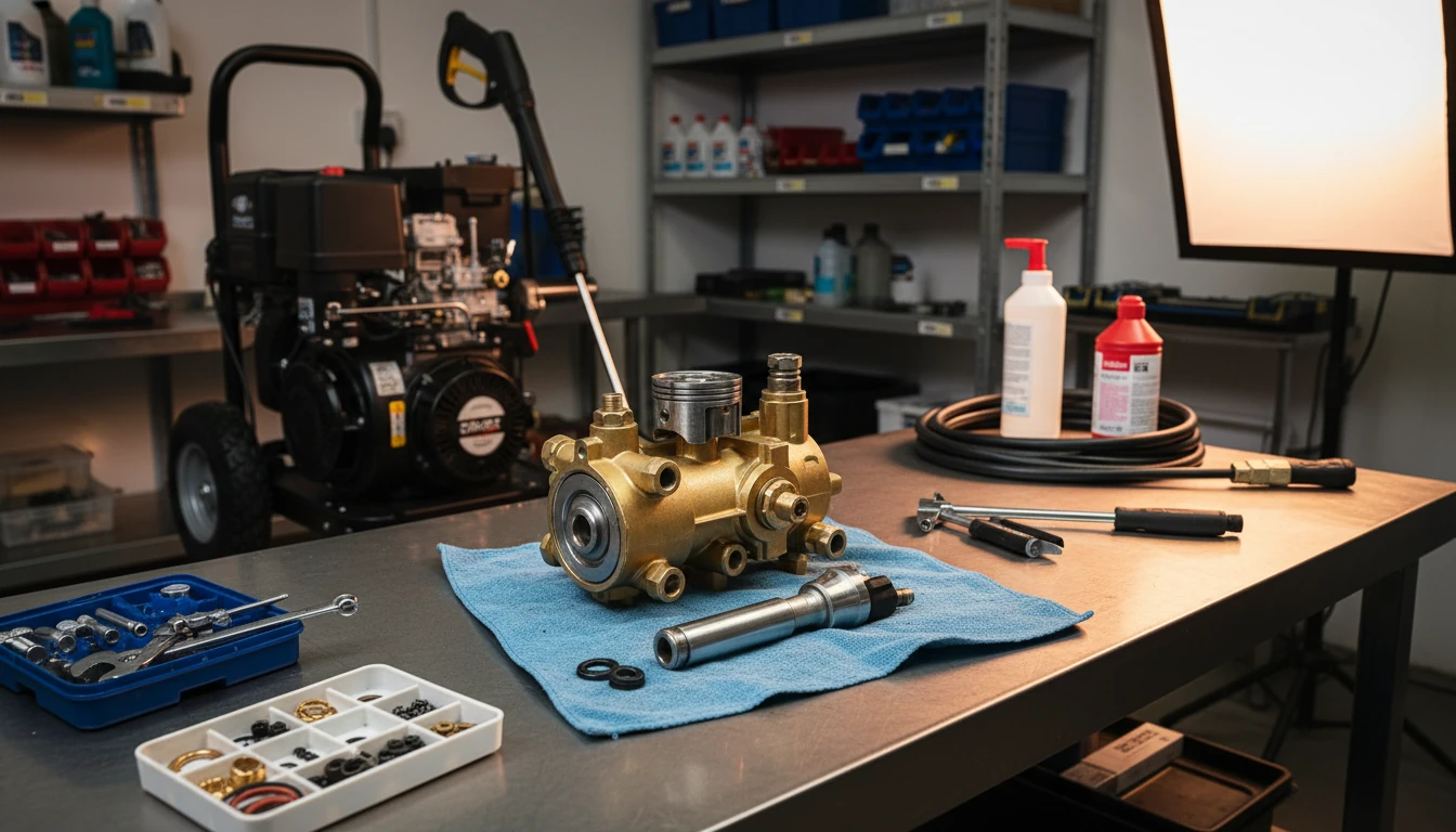 A clean, organized workshop bench with a commercial pressure washer being serviced, tools laid out, and a focus on the pump manifold.
