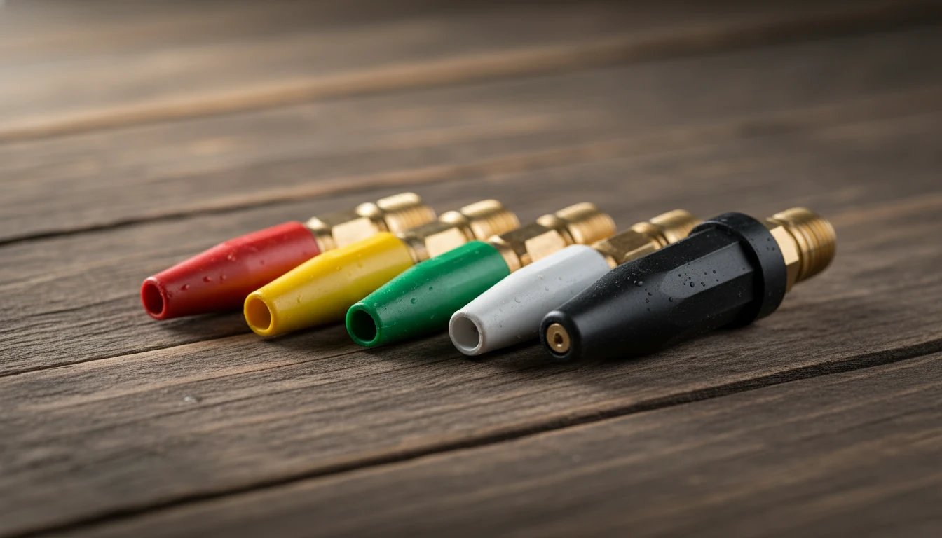 A close-up of different colored pressure washer nozzles including the black soap tip on a wooden background