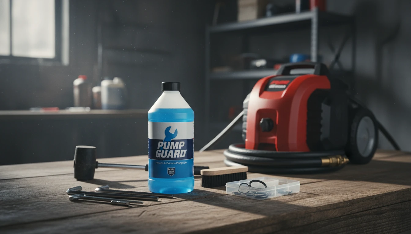 A specialized pump maintenance kit with a bottle of pump guard on a workbench next to a pressure washer.