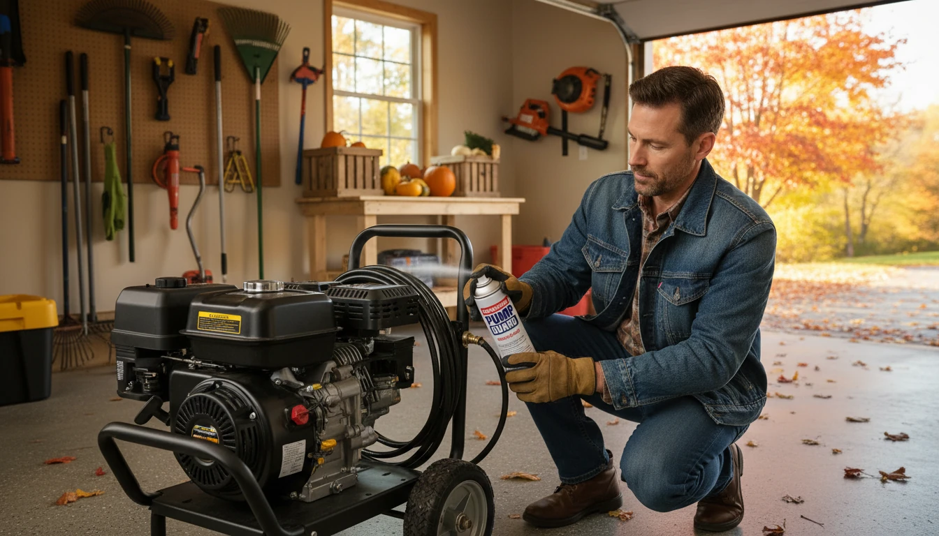 A homeowner applying pump guard to a gas-powered pressure washer in a garage during autumn