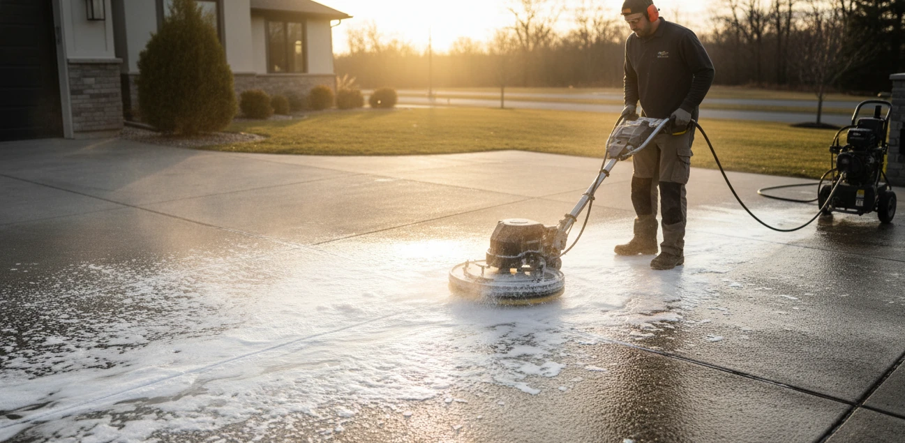 A professional worker using a surface cleaner attachment on a concrete driveway with soap suds
