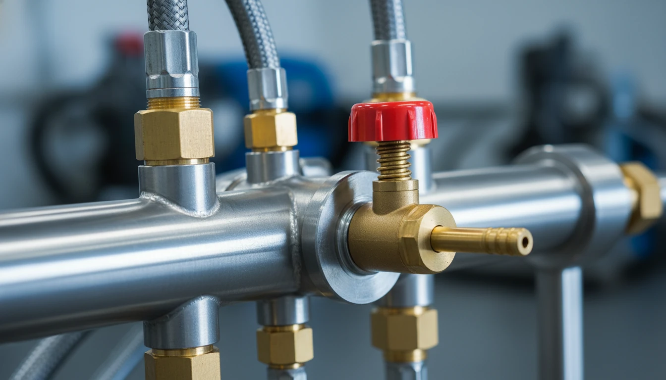 Macro view of a high-grade stainless steel pressure washing pump manifold with brass fittings and a thermal relief valve, highlighting industrial engineering quality.