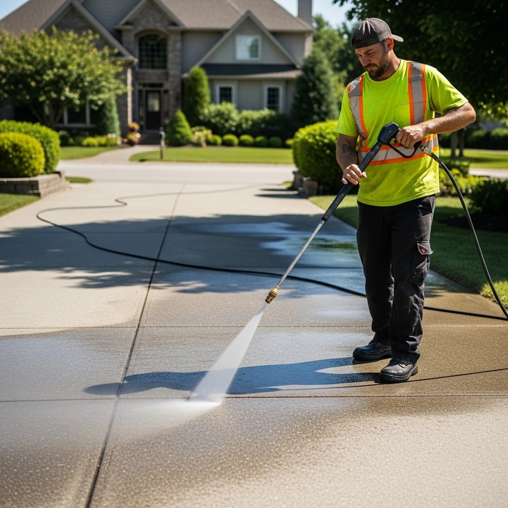 A professional pressure washing technician in a high-visibility vest operating a commercial-grade wand on a concrete driveway, focused on the high-pressure stream removing deep-set grime.