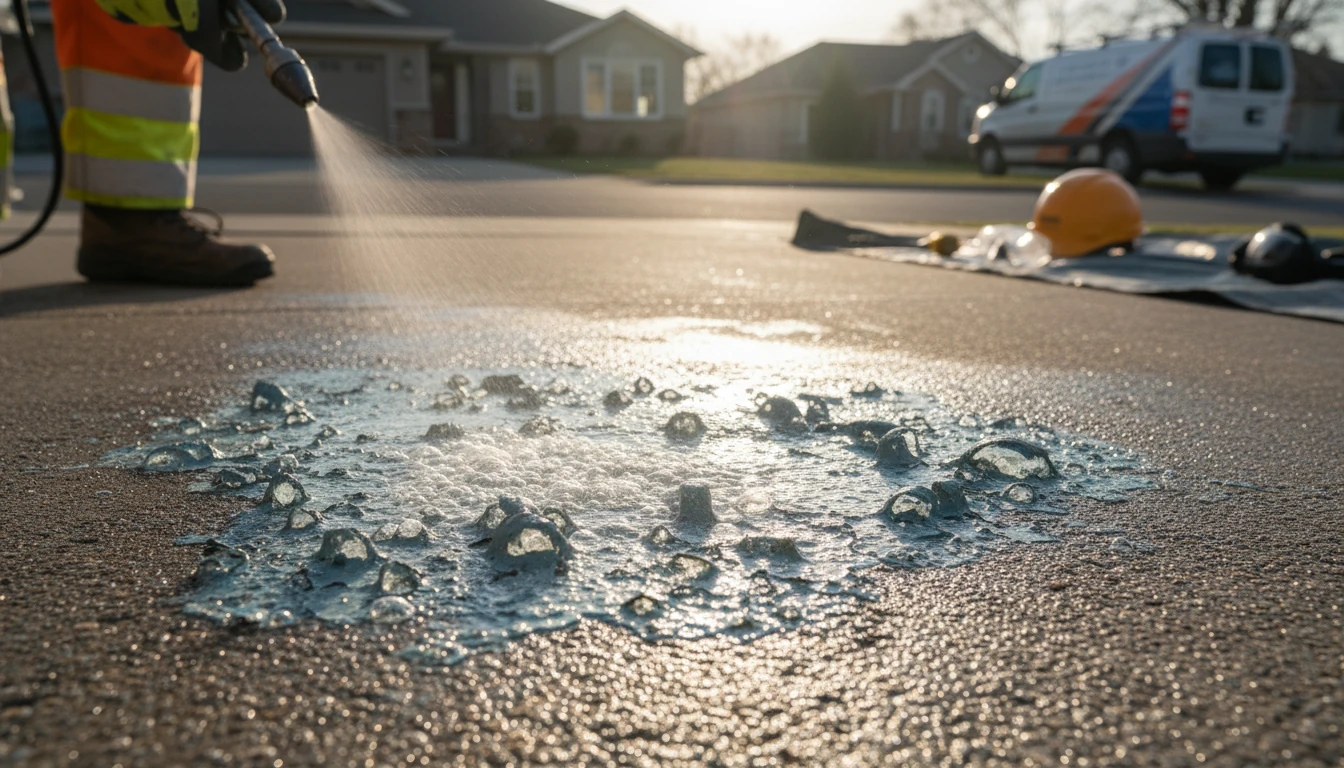 A professional surface restoration specialist in high-vis gear applying chemical stripper to a stained concrete driveway, close-up on the bubbling paint, morning light.