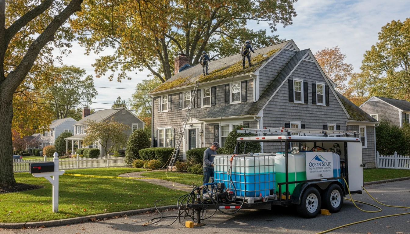 A professional roof cleaning setup in a Connecticut neighborhood including safety harnesses and chemical tanks