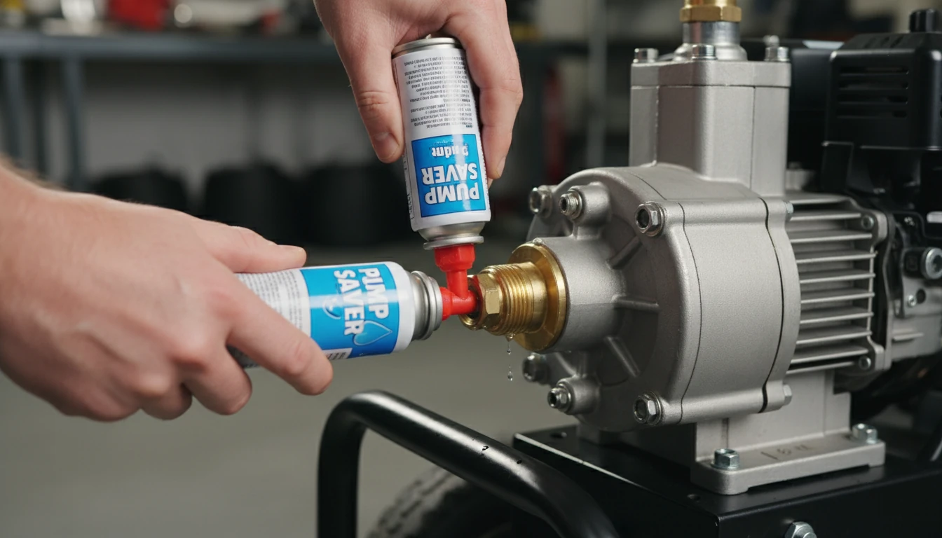 Close up of a pressure washer pump guard aerosol nozzle being attached to the water inlet of a pump