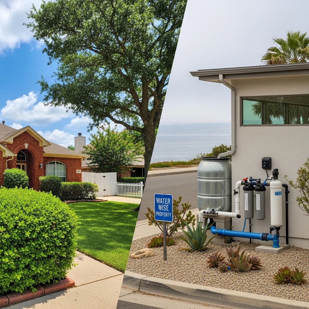 A collage showing two different environments: a sunny Texas suburban home with brick siding and a California coastal property with strict water reclamation equipment visible near the street.