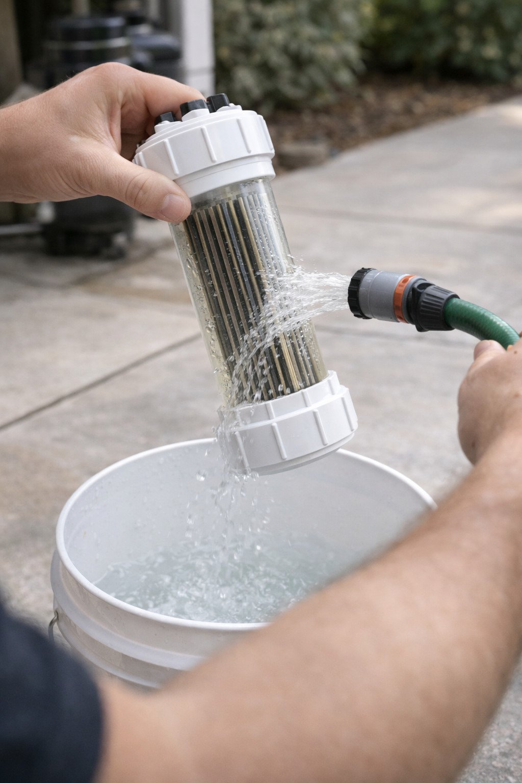 A person holding a salt cell over a plastic bucket, using a standard garden hose with a gentle spray pattern to rinse the internal plates from a distance of six inches.