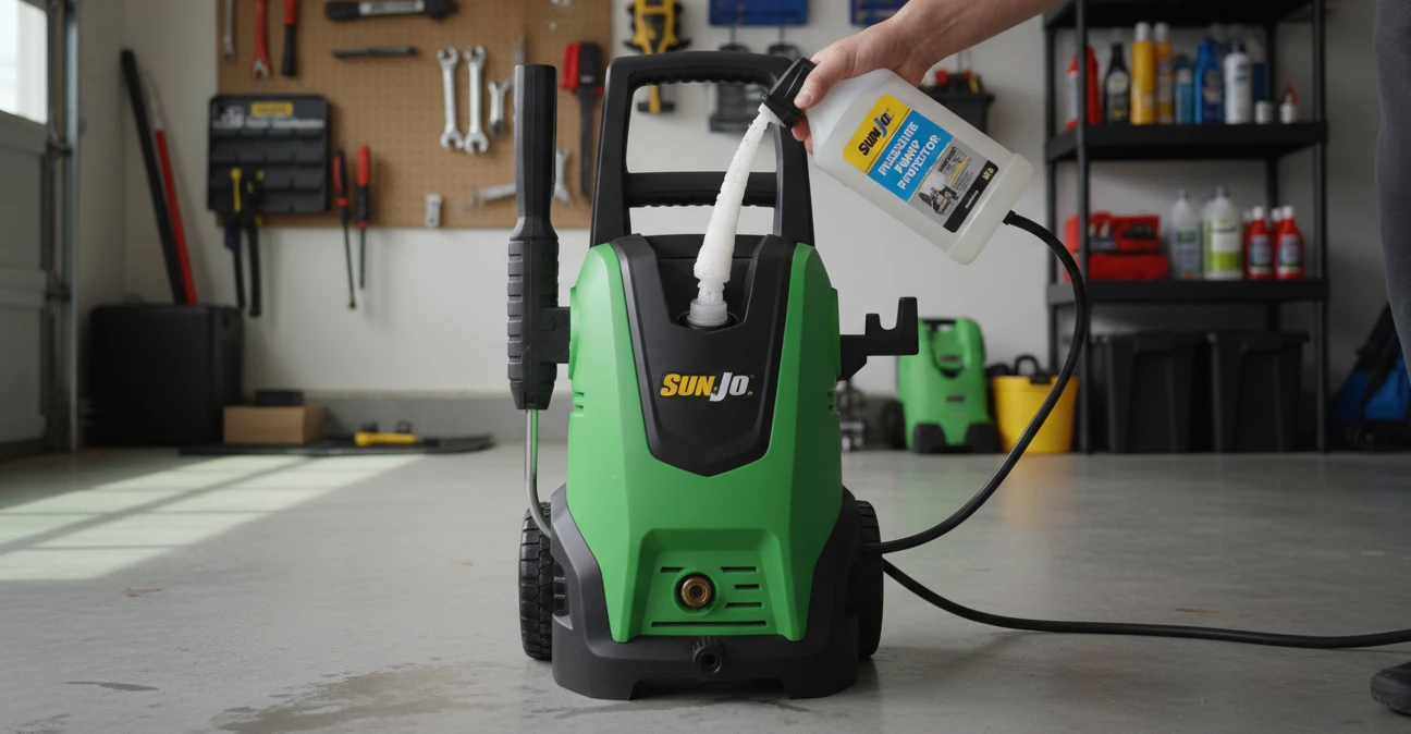 A Sun Joe pressure washer being treated with pump protector in a garage setting