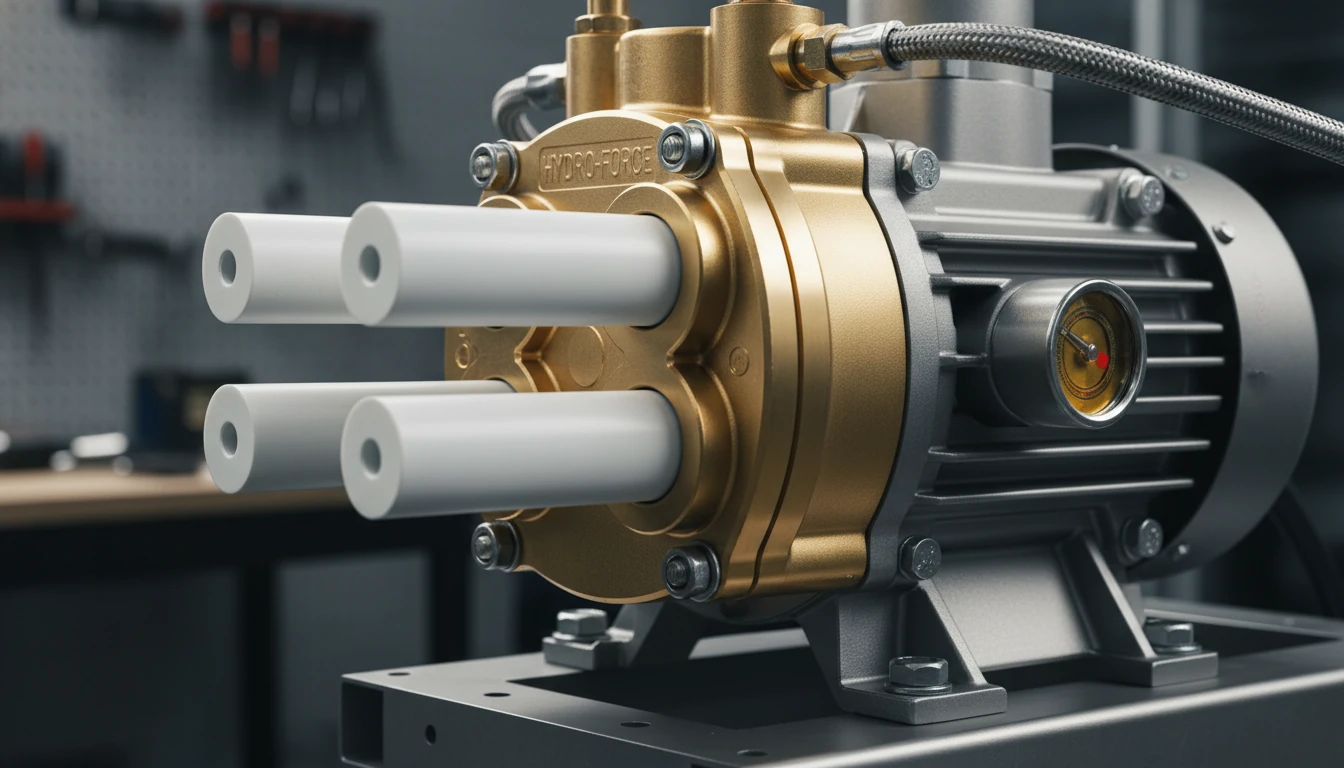 A detailed close-up of a high-end triplex pressure washer pump with ceramic plungers and brass manifold, showing the heavy-duty construction and oil sight glass.