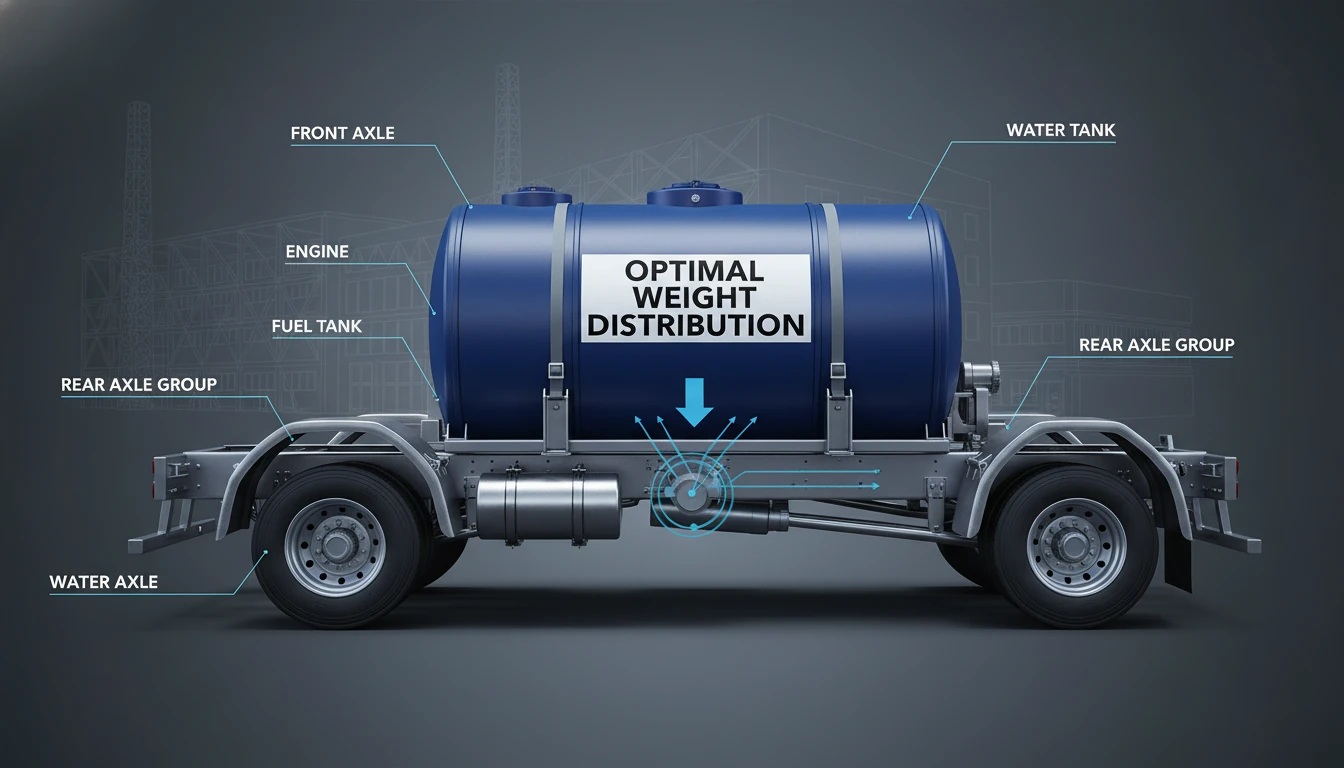 A technical diagram-style image showing a truck chassis from the side, with a large blue water tank positioned directly over the rear axle for optimal weight distribution.