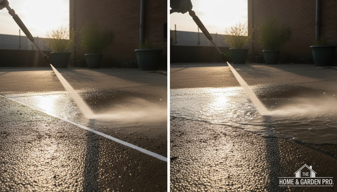 Side by side comparison of a narrow high pressure stream versus a wide high volume water stream on dirty concrete surface