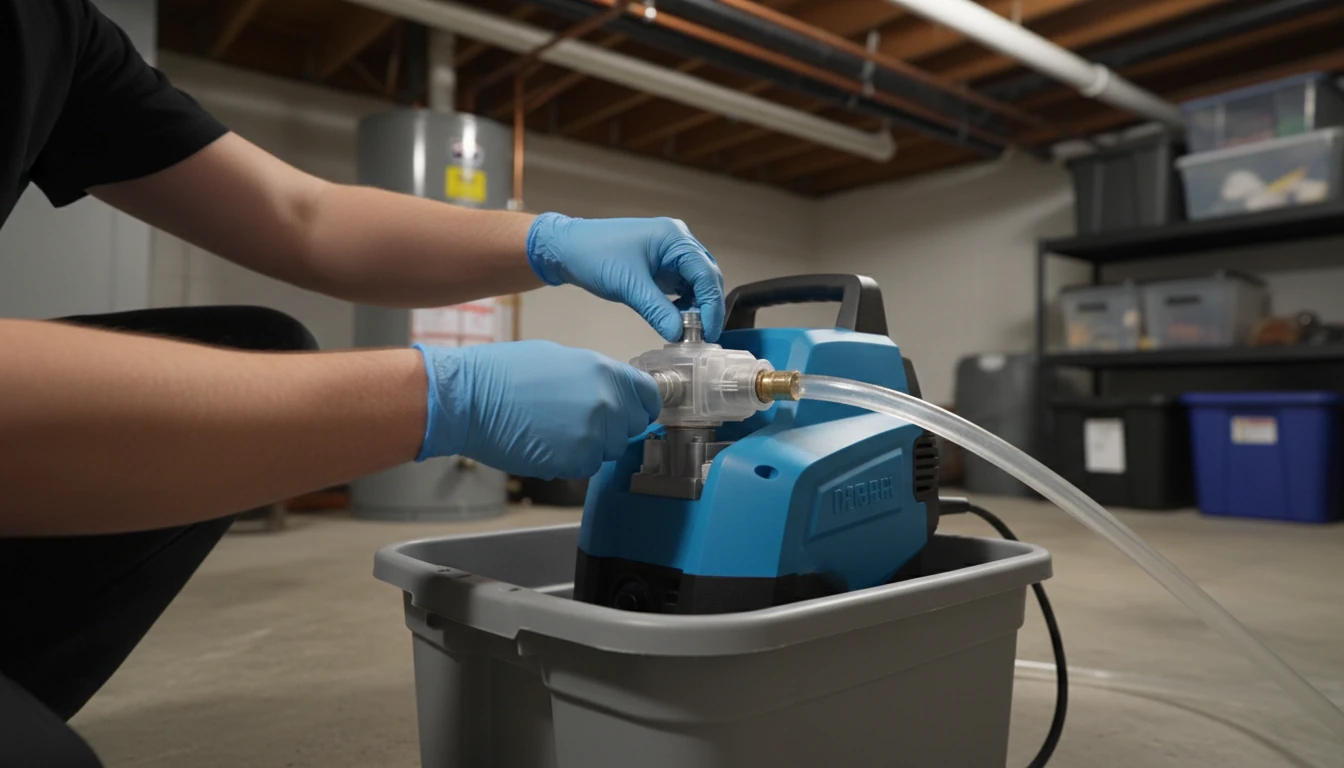 A person using a pump guard on a small electric pressure washer in a basement setting